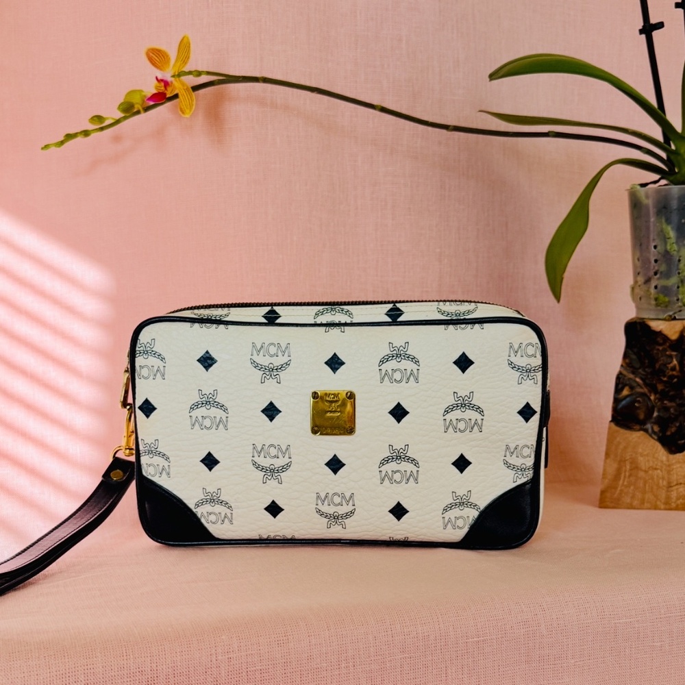 MCM Vintage Wristlet Zipper Pouch in White Logo Print